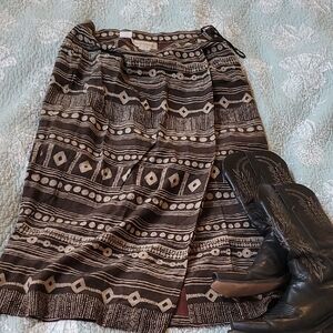 Jones New York Geometric Black and Brown Midi Skirt 100% Silk